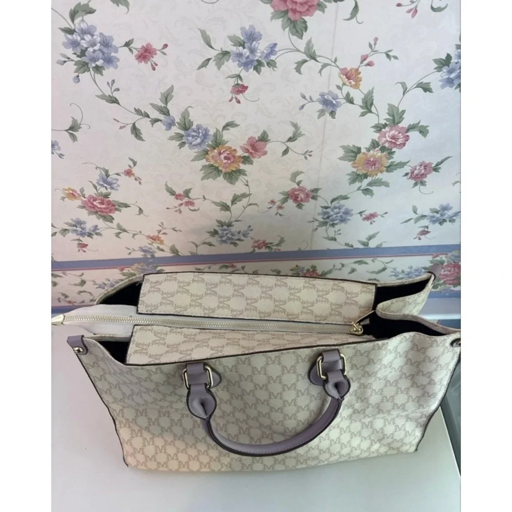 Mia K Farrow Collection Monogram Tote Bag Cream Lavender Purple Tan M Logo Large